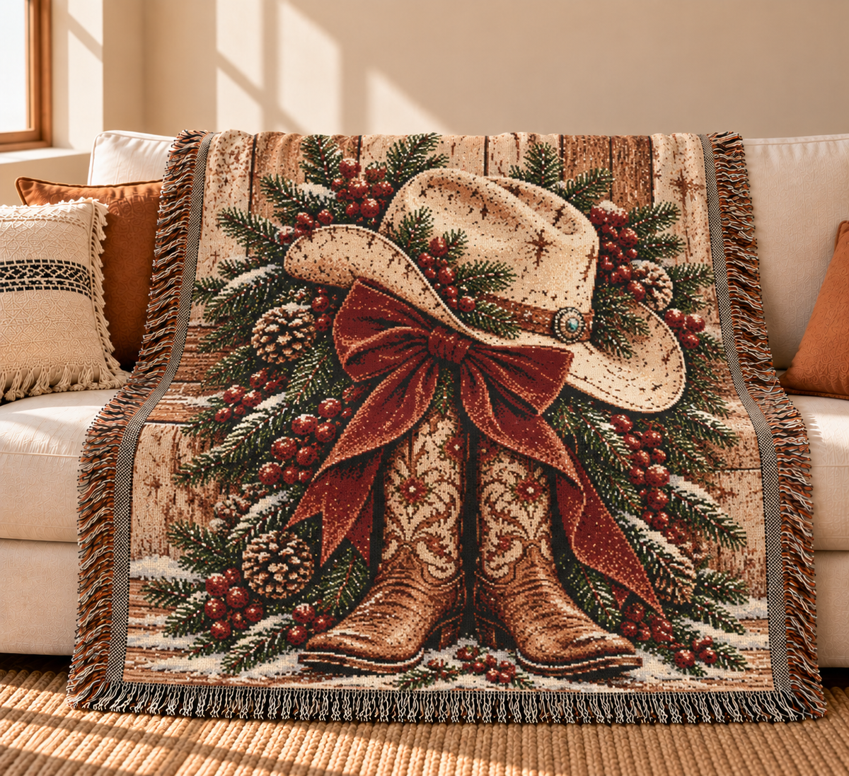 Christmas Cowboy Boots Woven Throw Blanket