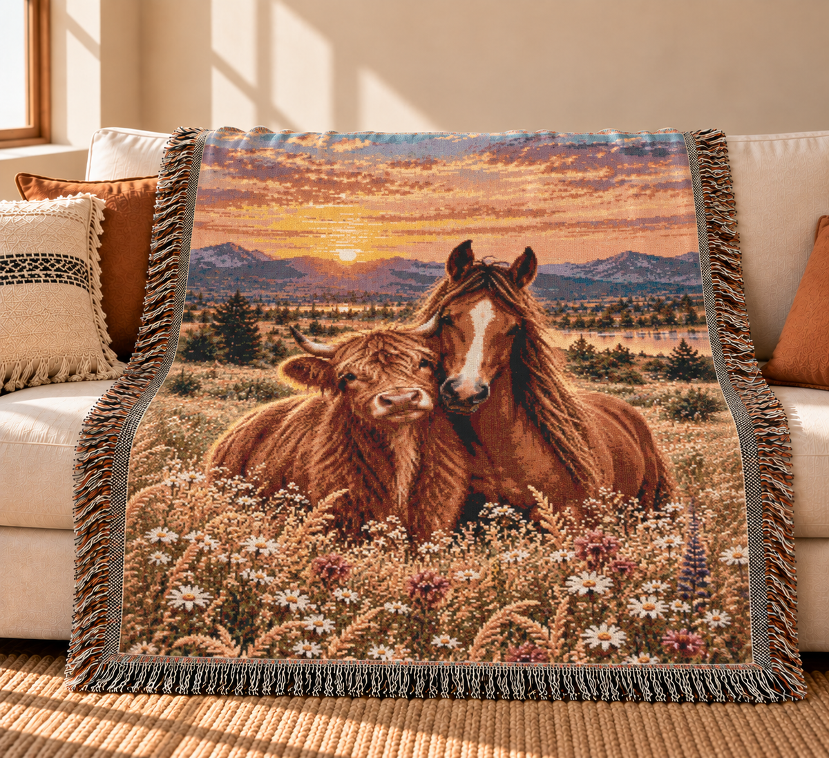 Cow and Horse Woven Blanket