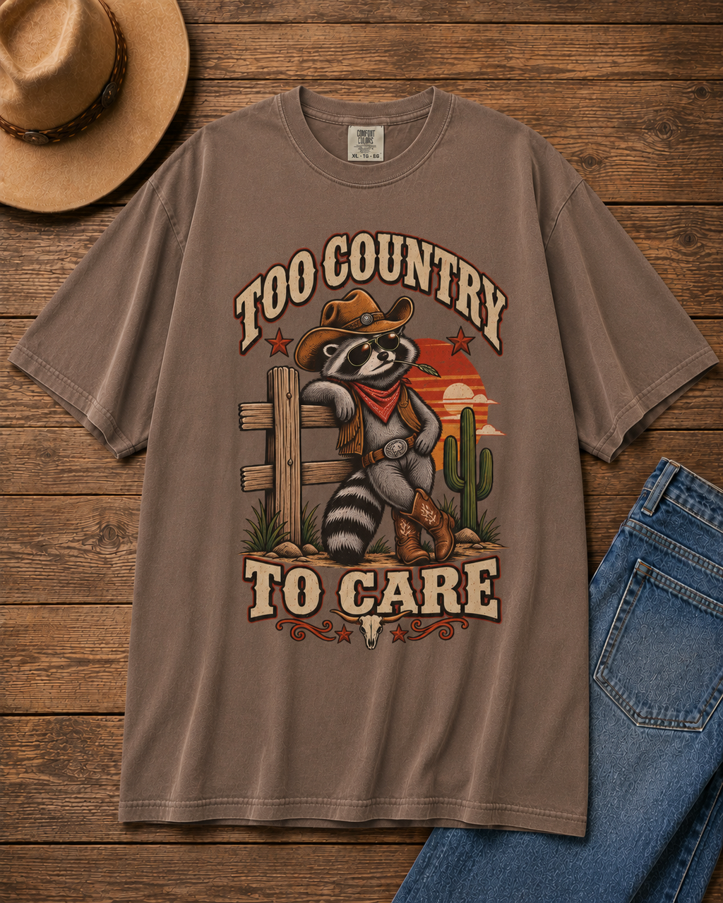 Funny Western Raccoon Shirt - Too Country to Care Retro Cowboy Raccoon Meme T-Shirt