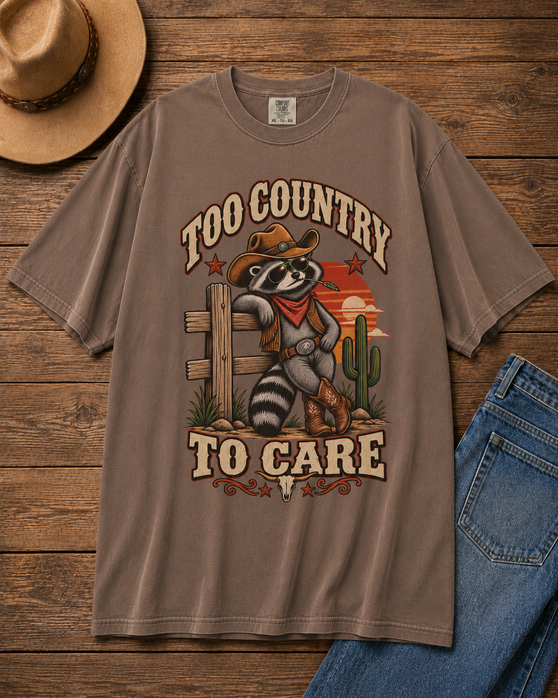 Funny Western Raccoon Shirt - Too Country to Care Retro Cowboy Raccoon Meme T-Shirt